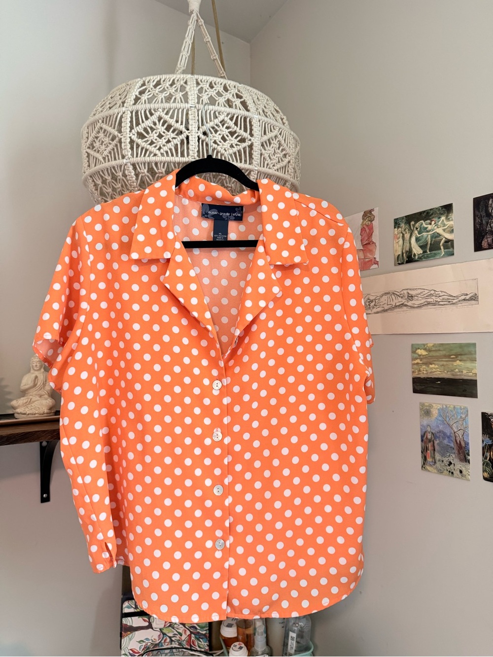 Susan Graver Orange and White Polka Dot Short-Sleeve Button-Front Blouse
